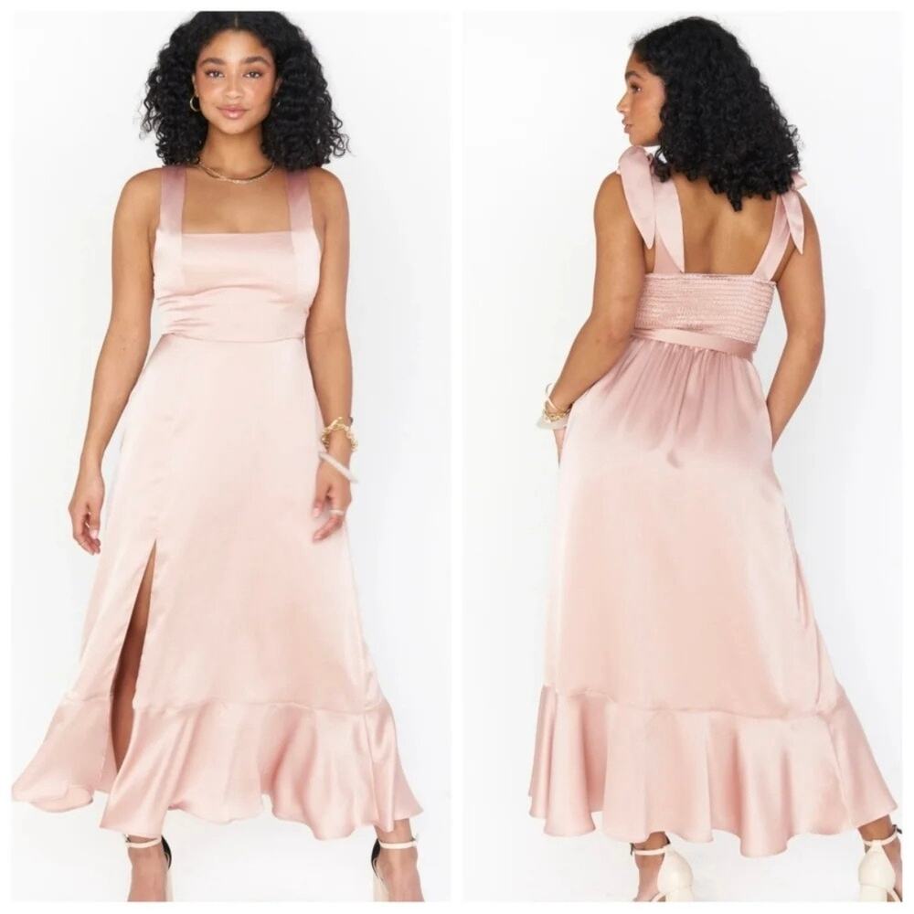 show me your mumu claire midi dress rose gold luxe satin women xlarge